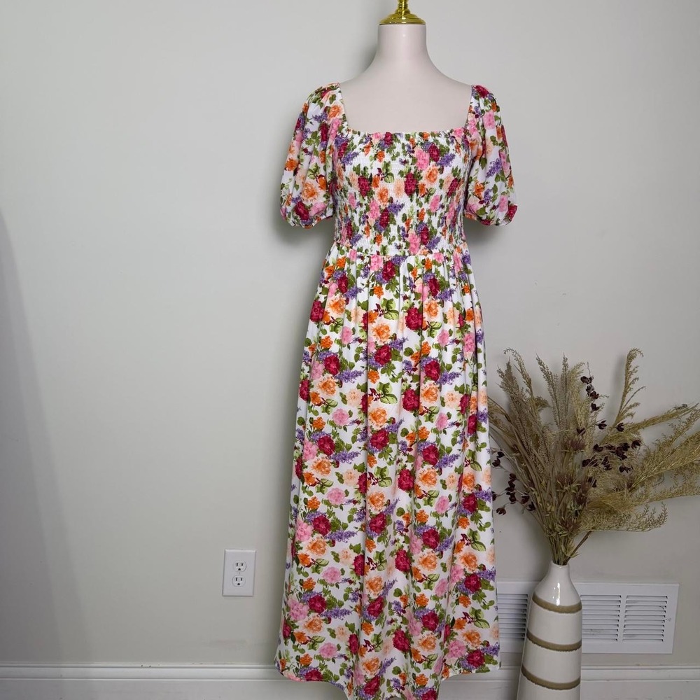 BTFBM Floral Smocked Short Puff Sleeve Maxi Dress - Size Medium